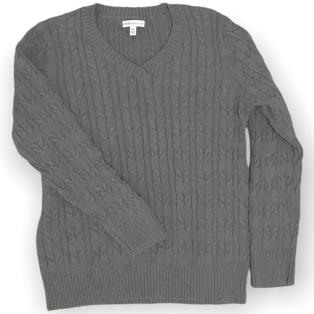Croft & Barrow V neck Light Charcoal Cable Knit Sweater M (G-007)